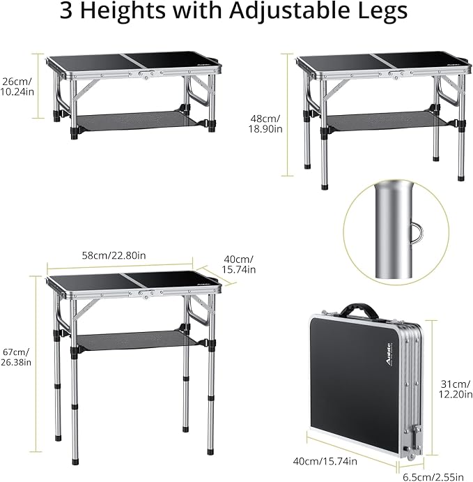 Anbte 2ft Folding Camping Table with Storage Net, 3 Adjustable Heights Small Folding Table Portable & Lightweight with Carry Handle, for Camping Fishing Picnic Beach Outdoor, 22.8"x 15.7", Silver