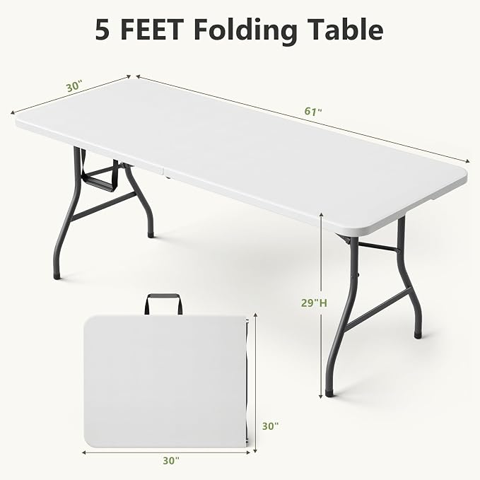 Folding Table, 5 FT Foldable Plastic Table with Carrying Handle, Heavy Duty Portable Fold-in-Half Utility Table for Party, Camping, Banquet, Craft, Wedding, Indoor & Outdoor Use