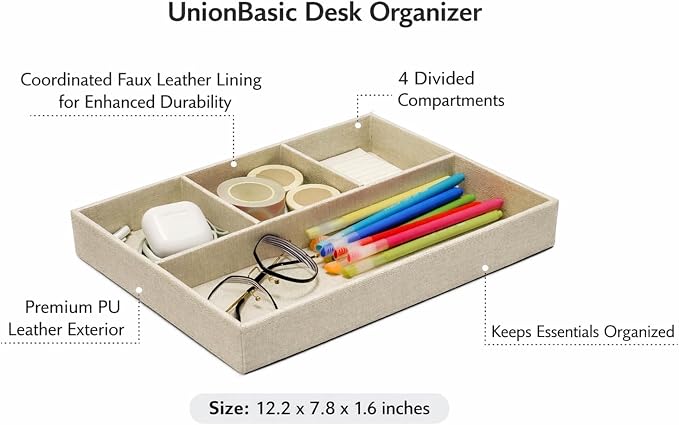 UnionBasic Flat 4-Slot Drawer Tray Desk Stationery Sundries Gadget Organizer Storage Box Pen Pencil Holder Case Container, Beige