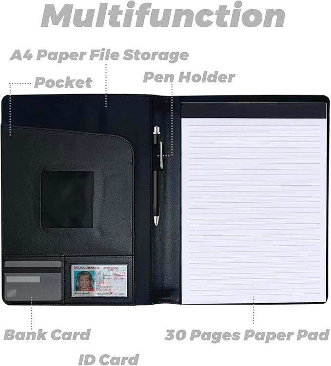 PU Leather Portfolio Folder with 30 Pages Paper Padfolio Business Organizer Document Planner Binder Storage Pocket for Legal Pad Holder Paperwork Phone Men Women (A4, Black)