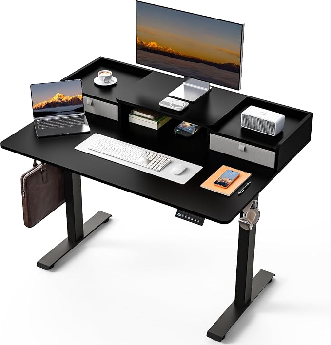 48 x 30 Inch Electric Standing Desk with 2 Drawers, Adjustable Height Widened Stand Up Desk with Storage, Sit to Stand Ergonomic Workstation for Home Office, Classic Black