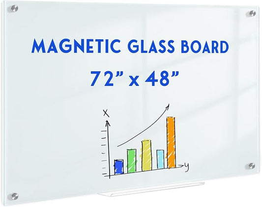 Magnetic Glass Whiteboard, 6' x 4', Frameless Wall Mount, Normal White | 72" x 48", Large Glass Dry Erase Board for Wall, Includes 1 Marker Tray, 10 Magnets, White Board for Office, Home, Classroom