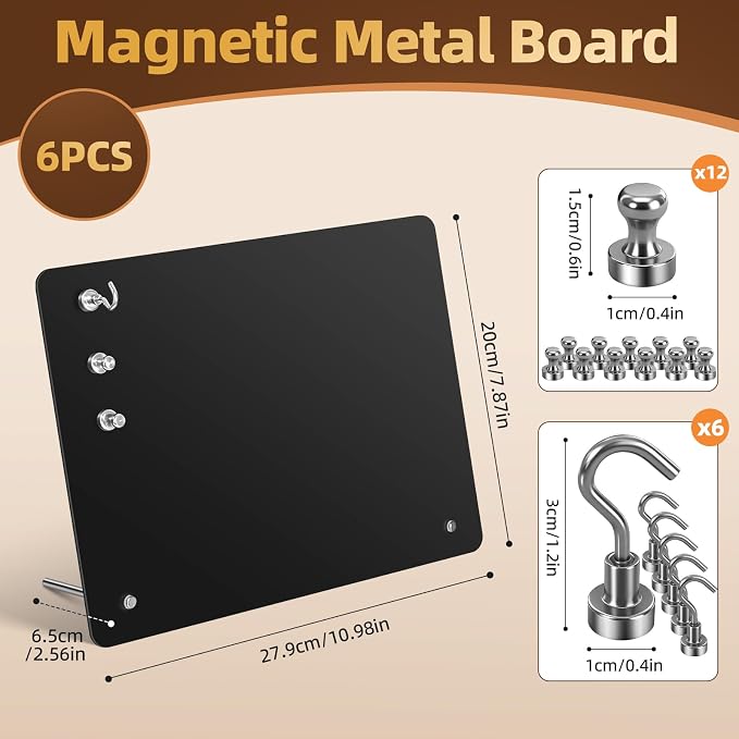 Magnetic Metal Display Bulletin Board, Black, 6 Pack, 11x8 Inch | Horizontal Orientation, Includes 18 Magnets, For Memos Messages Photos, Home School Kitchen Office Use