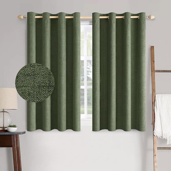 MIULEE 100% Blackout Linen Textured Curtains for Bedroom Solid Thermal Insulated Olive Green Grommet Room Darkening Curtains & Drapes Luxury Decor for Living Room 52 x 45 Inch (2 Panels)