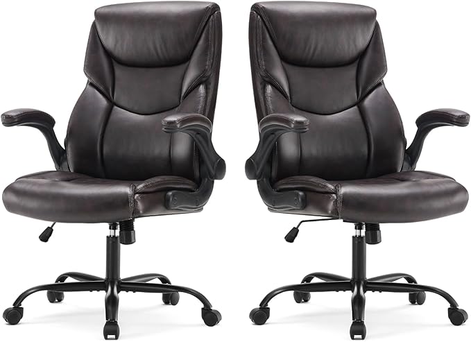 Sweetcrispy Ergonomic Computer Gaming Office Chair Set of 2, Heavy Duty Task Desk Swivel Rolling Chairs with Wheels, Flip-up Arms, Adjustable Height, PU Leather,Dark Brown