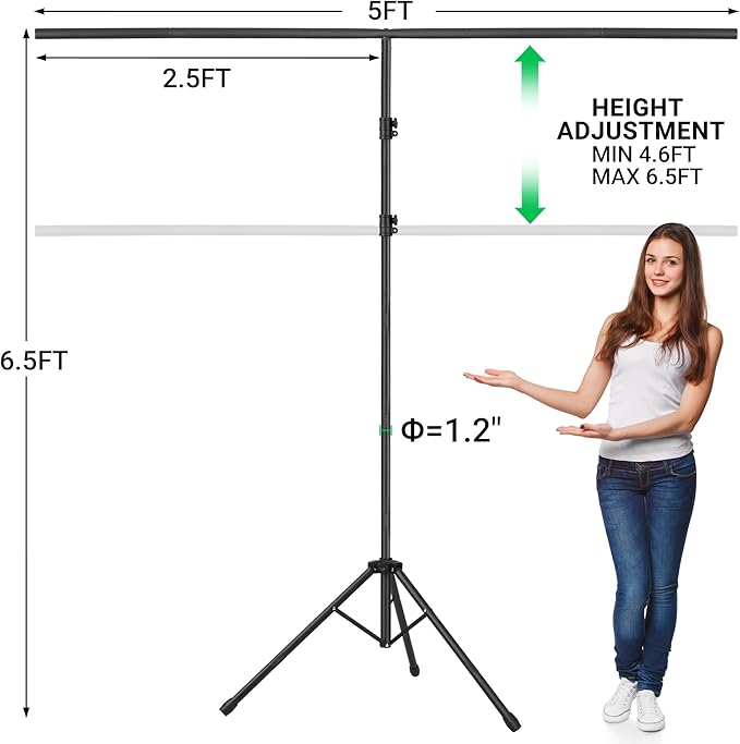 Green Screen Backdrop with Stand, 6.5x5ft Portable Greenscreen Background with Stand, T-Shape Green Screen Stand kit with 6 Spring Clamps, Sandbag, Carry Bag for Zoom, Video