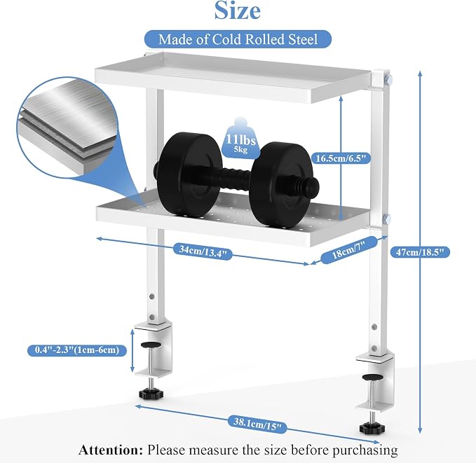 Jumyee 2-Tier Side/Top Clamp On Desk Shelf With Magnetic Pegaboard(White) | Adjustable Desk Pegboard Tray & Magnetic Accessories, No-Drill Clamp On Desk Organizer Pegboard with 6 Hooks