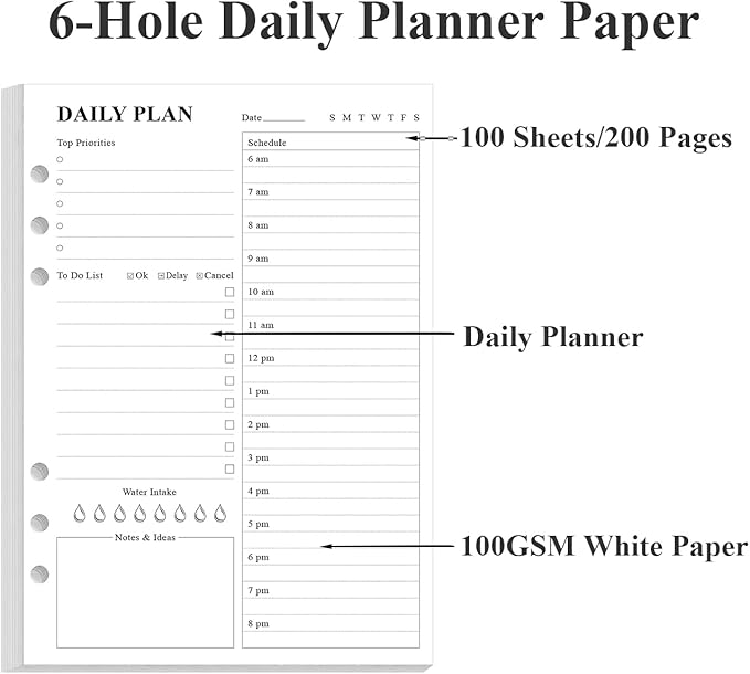 (3-Pack) Undated Daily Planner Refill - A5 To Do List Insert, 300 Sheets/600 Pages Planner and Lined Refill, 6-Hole Punched, 100 gsm White Paper, 5.8'' x 8.3''