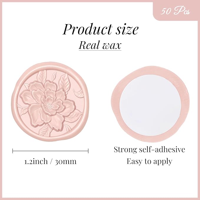 UNIQOOO Wax Seal Stickers - 3D Vintage Floral Wedding Invitation Envelope Botanical Seal Stickers, 50 Pcs Self- Adhesive Blush Pink Flower Stickers, Perfect for Invitation, Gift Wrapping, Party