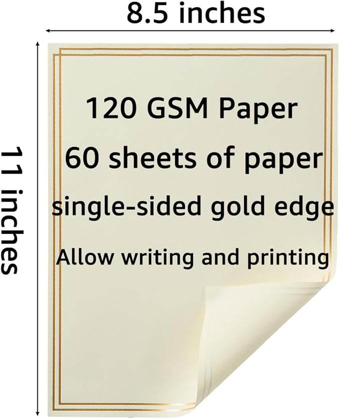 60 Pack Stationery Set Paper with Gold Border, 8.5x11 Inch Paper Sheets for Writing Letters, Letter Size Writing Paper (Cream Color, 8.5x11 inches)