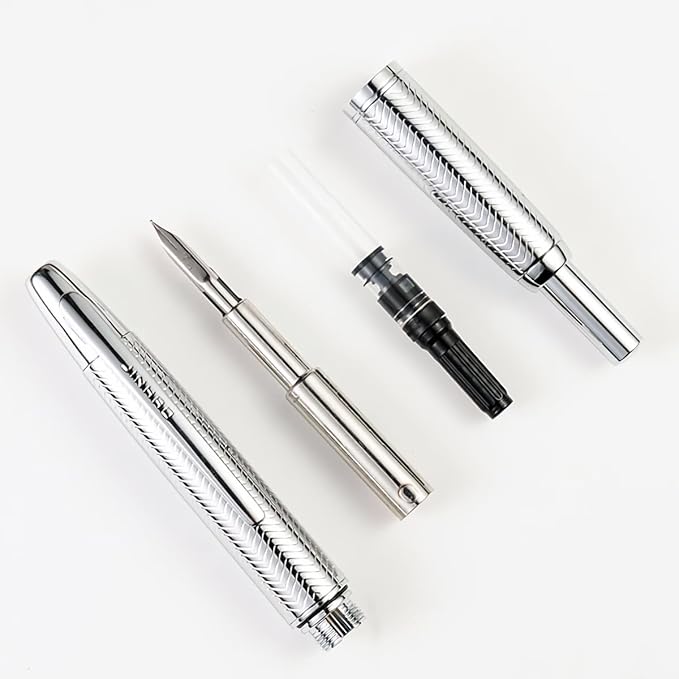 Jinhao 10 Retractable Fountain Pen, Wavy Silver Chromium F Writing Pen with Converter and Pen Box