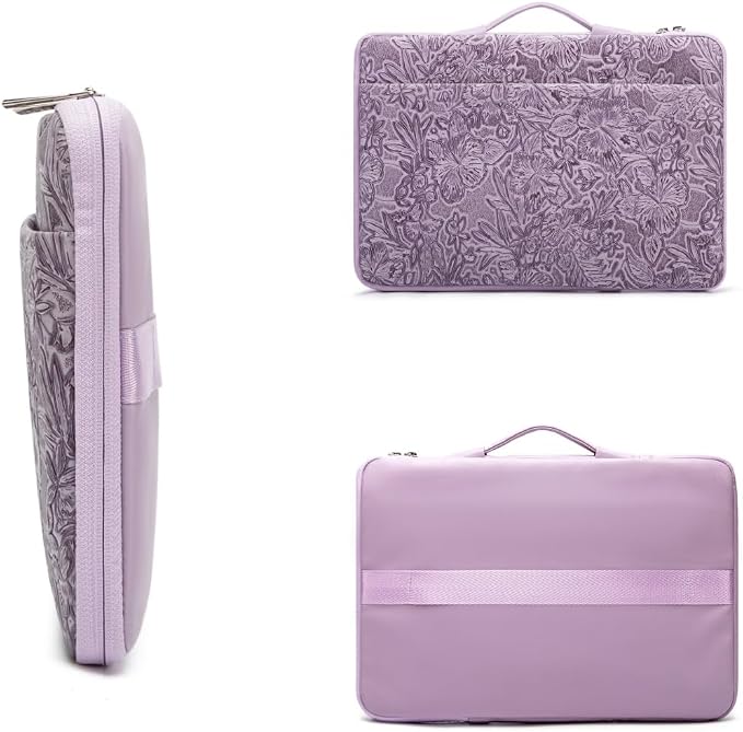 Kinmac Embossed PU Leather 360° Heavy Duty Protective Laptop Sleeve with Poacket (Purple Flower, 15 inch-15.6 inch)