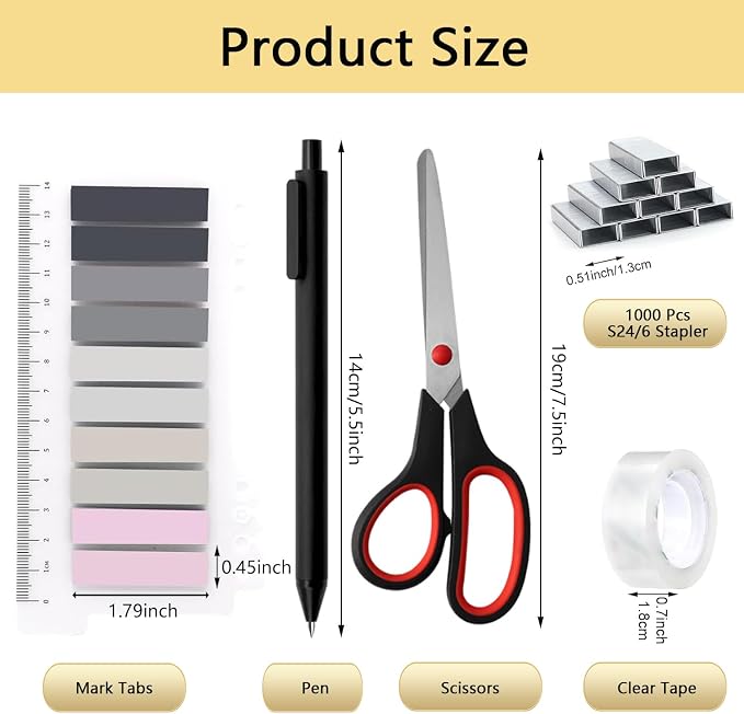 Office Supplies,Black Desk Accessories,Office Supplies Set,Stapler and Tape Dispenser Set,Scissors,Staple Remover,Binder Clips,Staples,Ballpoint Pen,Index Tabs with Ruler,Clear Tape.9pcs for Office