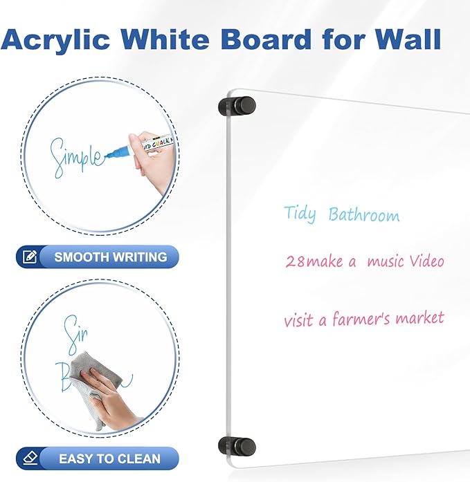 Clear Acrylic Dry Erase Board, 12" X 12" Non-Magnetic Frameless White Board for Wall, Clear Erasable Acrylic Board for Wall, Home, Office, School, 2 Markers