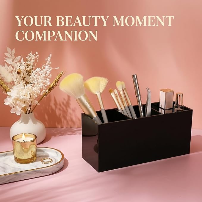 Black Acrylic Pen Holder for Desk, 3 Compartment Desktop Organizer & Pencil Cup, Makeup Brush Holder for Countertop, Multi-functional Pen Pencil Brushes Holders Caddy (Glossy Black)