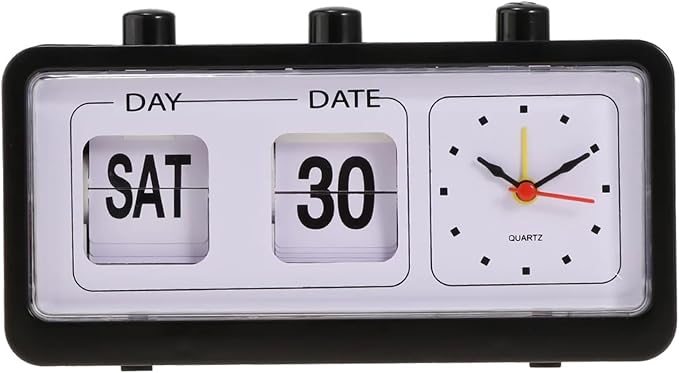 Auto Flip Down Clock Non-Ticking Calendar Clock with Day Date Display (Color : Black)