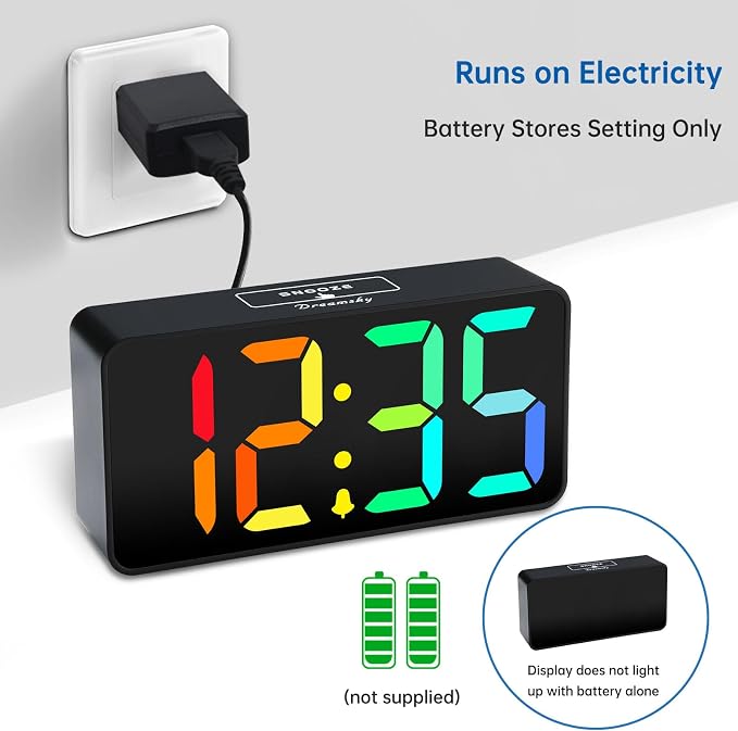 DreamSky Small Digital Alarm Clock for Bedroom, RGB Kids Alarm Clock Boys | Electric Desk Clock with Large Numbers for Bedside Nightstand, Dimmer, Adjustable Alarm Volume, USB Port, USB-C Plug-in