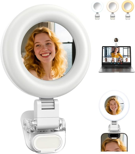 TELESIN Clip-on Selfie Ring Light, Rechargeable Portable 360° LED Selfie Fill Light with Mirror for Phone/iPhone Photography, Computer Laptop Video Conference, TikTok, Zoom Calls, Girl Makeup