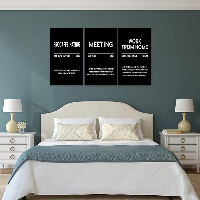 3 Piece Inspirational Canvas Wall Art, Quotes "Procaffeinating - Meeting - Work From Home" Motivational Print Pictures, Triptych Entrepreneur Poster Framed Artwork for Men Women Room Decor(72"Wx36" H)