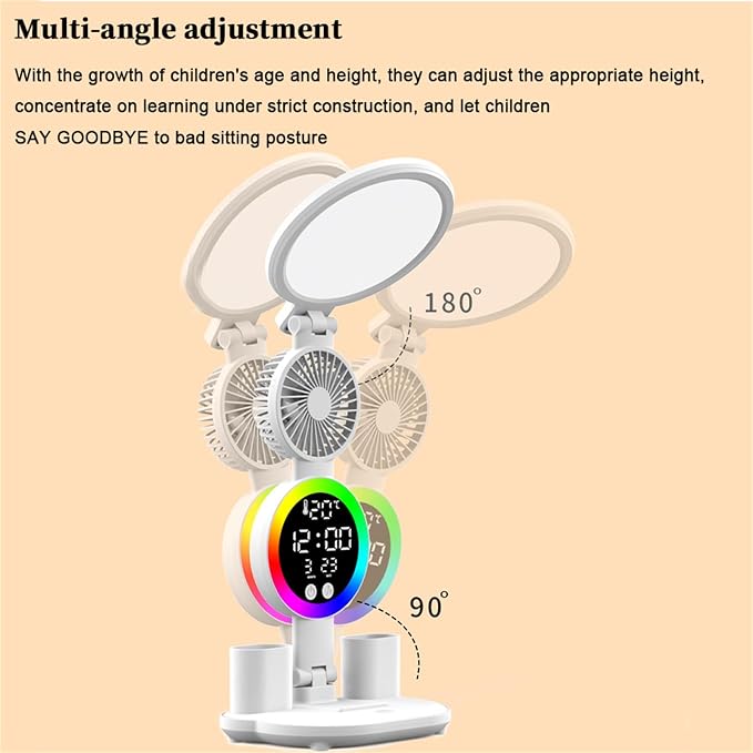 ikaufen Multifunctional LED Desk Lamp with Cooling Fan Digital Time Temp Display 3 Color Mode Stepless Dimmable Eye-Caring Table Light Foldable Pen Holders USB Type-C (Round Light, Touch)