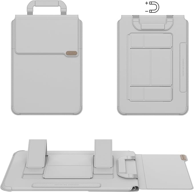 Nillkin Upgraded 12-14 Inch Laptop Sleeve Case for MacBook/Dell/HP/Lenovo/Asus, Unique Slim Travel Computer Bag with Adjustable Stand & Mouse Pad, Magnetic Handle, PU Leather, Gray