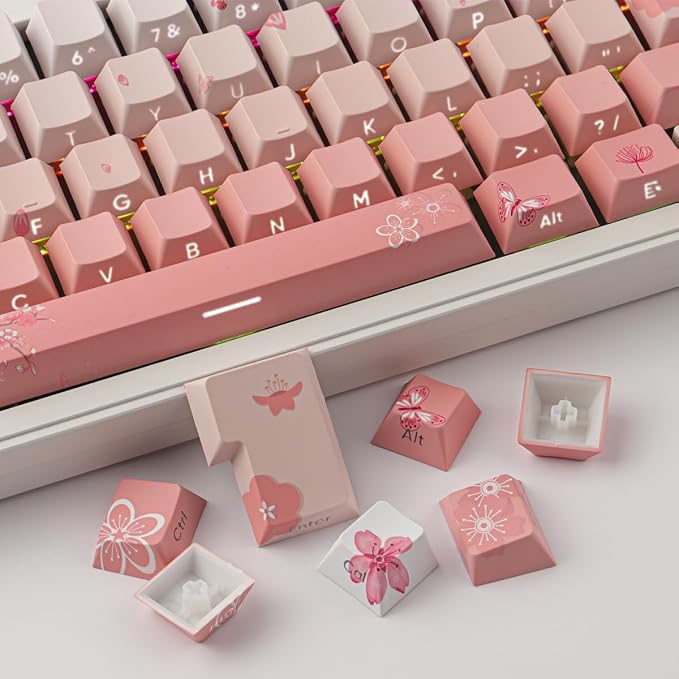 Tsungup PBT Keycaps Cherry Blossom Keycap Set - Custom Pink Sakura Keycaps | 135 Keys Gradient DoubleShot Side Print Key caps Cherry Profile Keyboard Key caps for Mechanical Keyboards