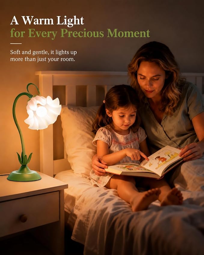 WERFOP Flower Table Lamp, LED Reading Light Vintage Bedside Table Lamp with 3 Color Modes for Nightstand, Kawaii Decoration for Home Bedroom Living Room (Green)