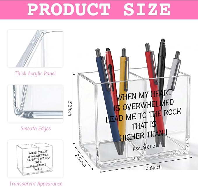 Inspirational Christian Acrylic Cosmetic Pencil Pen Holder Cup Religious Gifts for Women Men Psalm 61:2 Bible Verses Christian Decor for Home Office Desk Vanity Organizers and Accessories