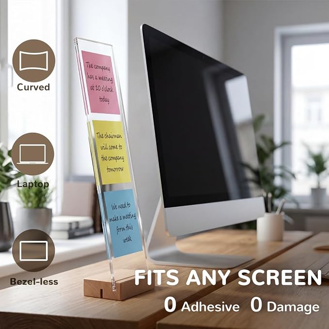 2 Pack Monitor Memo Board, Freestanding Acrylic Sticky Note Holder | No adhesive: 12.2 in acrylic board lifts off a weighted 3.15 in wood base; sits beside curved, bezel-less or dual monitors