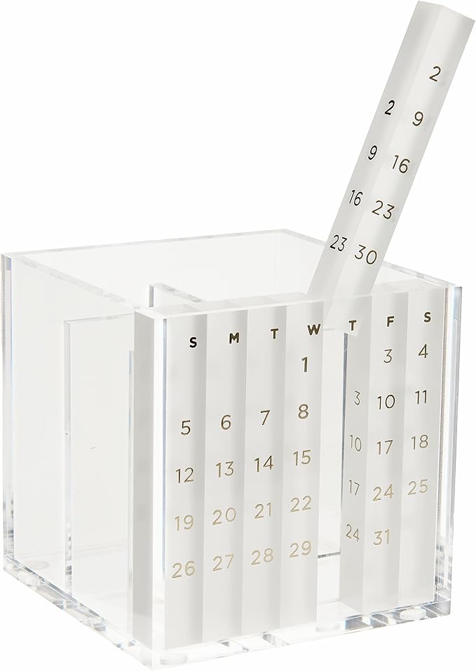 russell+hazel Acrylic Pen & Pencil Holder with Perpetual Calendar, Clear | Keeps pens & pencils handy beside a built-in perpetual calendar. Clear polished-edge acrylic in a stackable design.
