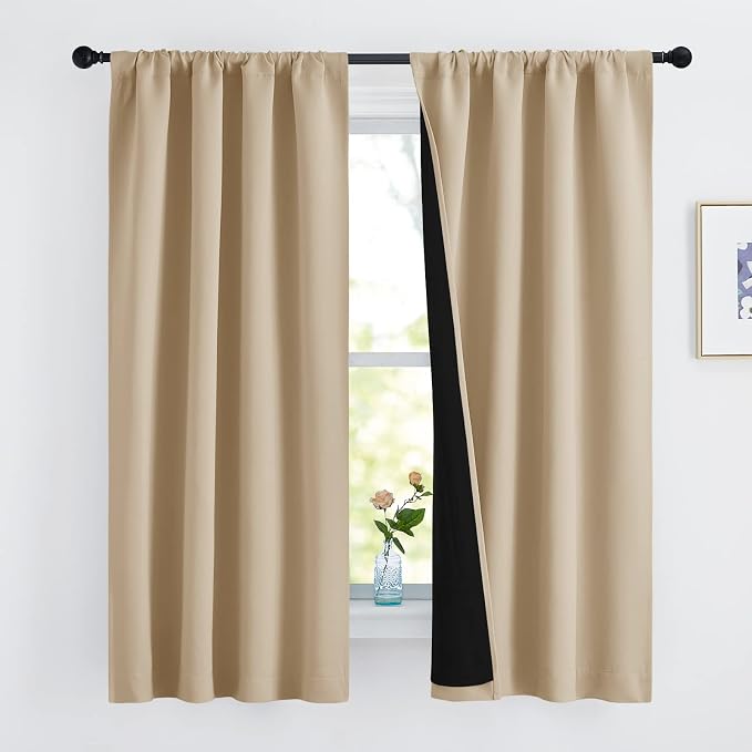 NICETOWN Bedroom Full Blackout Cold Blocking Curtain Panels, Super Thick Insulated Window Covers, Rod Pocket Draperies with Black Liner for Short Window (Biscotti Beige, Set of 2, 42 by 63-inch)