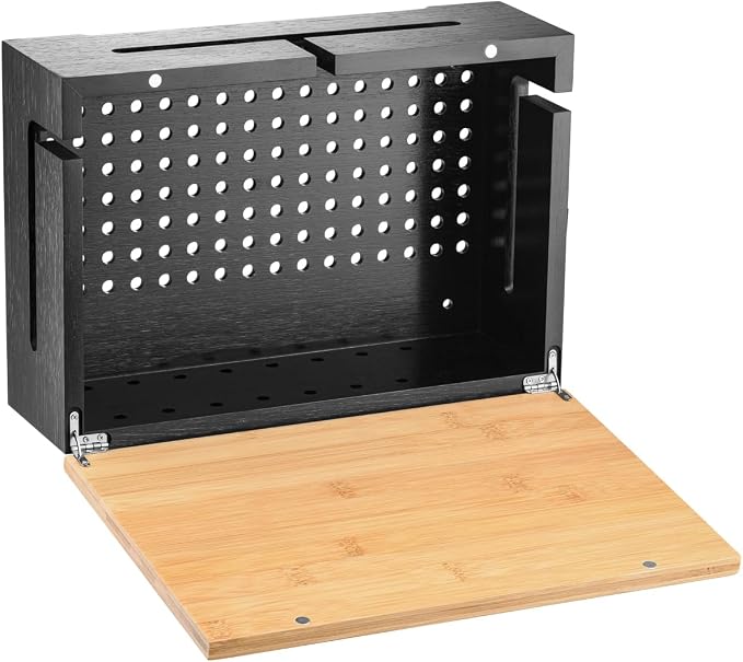 Bamboo Cable Management Box with Magnetic Lid - 12,6x7,8x4.3 in - Durable Cable Organizer to Hide Cords & Power Strip - Wall Mountable - Including Hardware - for Home, Office, Desk & More (Black)