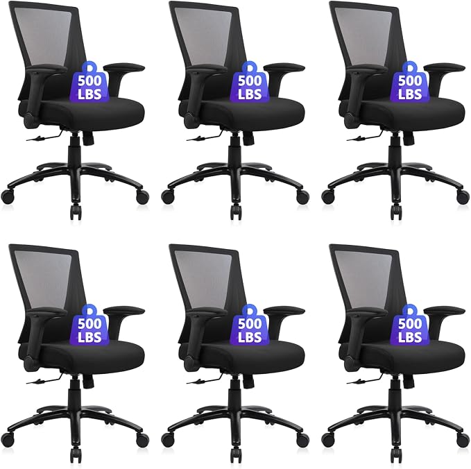 CLATINA Big and Tall Office Chair - Extra Wide Thick Seat, Heavy Duty High Back Executive Desk Chair with Adjustable Armrests, Ergonomic Mesh Computer Chair for Home Office Conference, 500LBS, 6 Pack