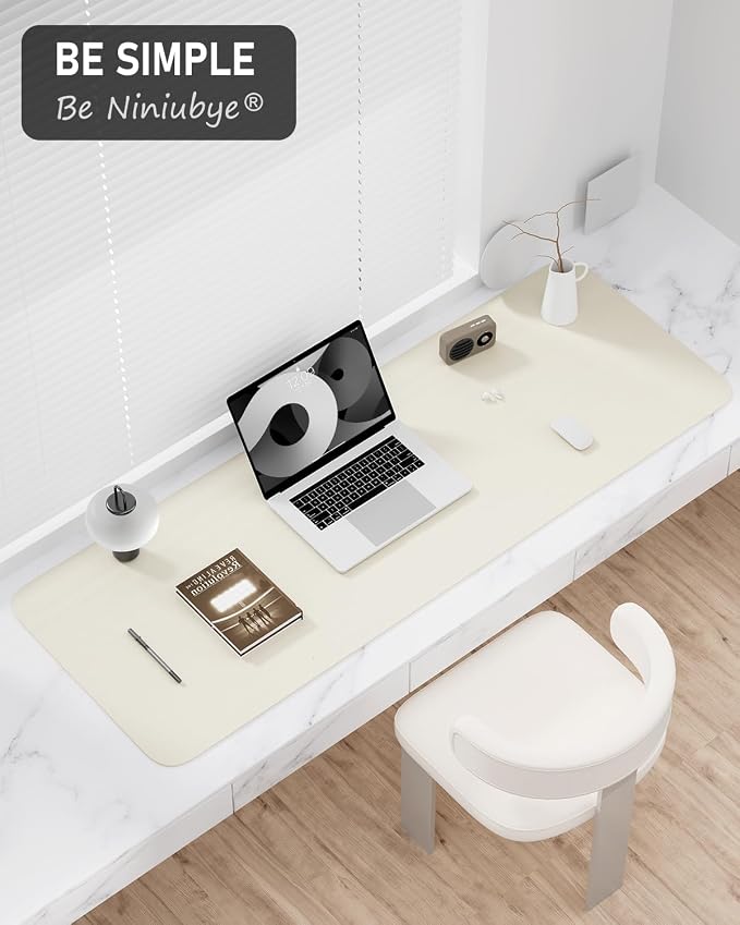 Desk Pad, 48" x 17" PU Leather Non-Slip Desk Mat Large Mouse Pad for Desktop, Waterproof Laptop Computer Writing Mat for Office, Home, Work, Gaming, Ivory White