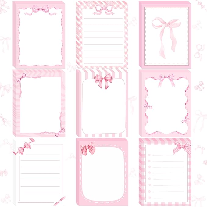 Coquettte Pink Bow Sticky Notes - 9 PCS Pink Post It Notes Coquettte School Supplies Aesthetic Self Stick Note to Do List Memo Pads Office Stationery for Women Girls Girly 3x3 Inches