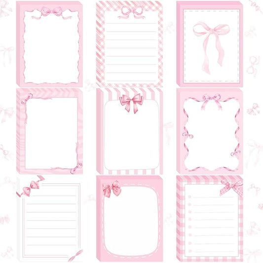 Coquettte Pink Bow Sticky Notes - 9 PCS Pink Post It Notes Coquettte School Supplies Aesthetic Self Stick Note to Do List Memo Pads Office Stationery for Women Girls Girly 3x3 Inches