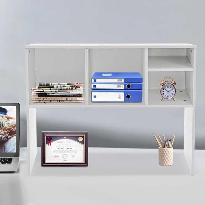 Two-Tier Desk Bookshelf Organizer Office Desk Bookshelf Holder with Four Storage Compartments White Color