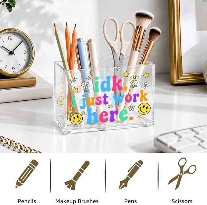 Funny Office Acrylic Desk Organizer, 2 Compartment Desk Pen Holder