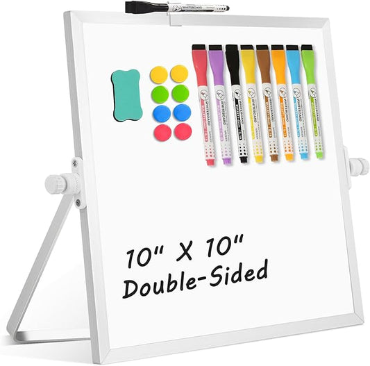 Dry Erase Magnetic White Board, 10" x 10" Double-Sided Desktop Whiteboard with Stand, Portable Small Whiteboard Set for Drawing, Office, Home
