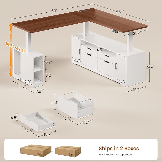 SEDETA Modern L Shaped Electric Standing Desk, 69" x 55" Height Adjustable Office Executive Desk with 4 Drawers and Storage Shelves, Sit Stand Computer Desk with Power Outlet, White + Brown