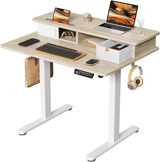 JOY worker 35" Small Electric Standing Desk with Monitor Stand & Drawer | Light Walnut 35" x 25" Height Adjustable Desk for Tight Space, Shutter Door & Shelf, Sit Stand Desk with 2 Hooks, Home Office