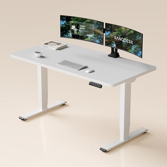 SANODESK Dual Motor Standing Desk 220lbs Height Adjustable Desk | 55"x28" Spacious One-Piece White Desktop & White Frame, 4 Memory Presets, 3-Stage Legs, 220lbs, 2-Box for Home & Office