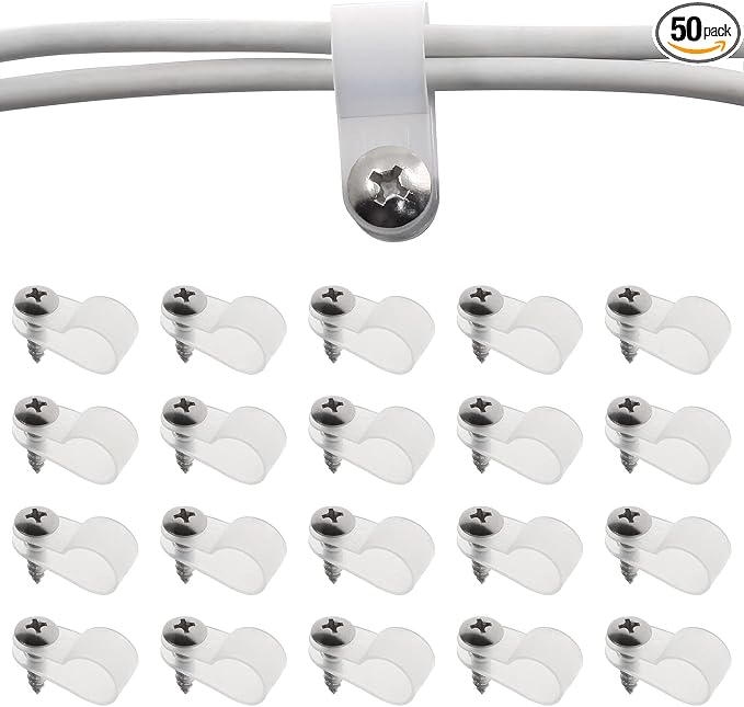 Bonsicoky 3/8 Inch Rope Light P-Style Clips, 50Pcs | With Screws, Cable Clip Wire Clamp, Cable Organizer Cord Holder, For Wire Management