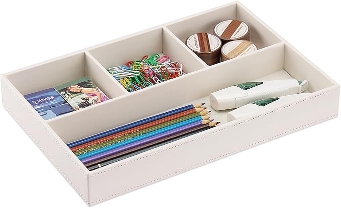 PU Leather Desk Drawer Organizer, 4 Compartment Office Supplies Stationery Storage Tray, Desk Organizers and Accessories Drawer Organizer Tray for Home, Makeup, Jewelry Stackable White