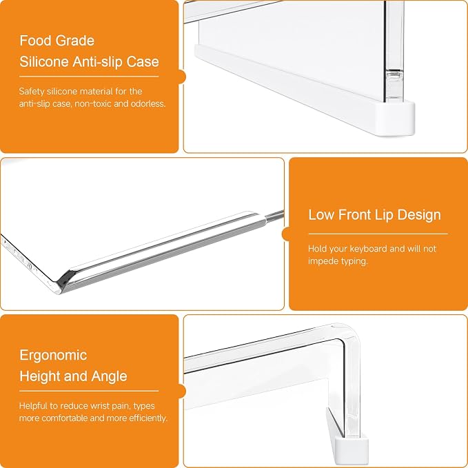 BEEGO Ergonomic Computer Keyboard Stand - Clear Acrylic Keyboard Riser Tilted Keyboard Holder Keyboard Tray with White Non-Slip Strip for Easy Typing at Home School Office Desk Accessories