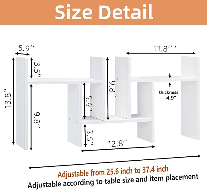 Meikuler Desktop Shelf Organizer, Adjustable Wood Display Desk Shelf, Office Storage Rack Tabletop Bookshelf Multipurpose Shelves for Home Decor, Office, Gifts (Solid White)