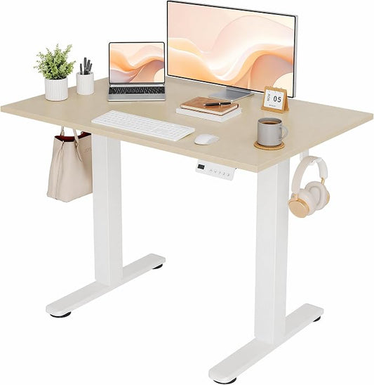 Claiks Electric Standing Desk 40x24 Inch Adjustable Desk, Nature | 156lbs weight capacity, 3 memory presets, industrial steel frame, cable management hub, adjustable height , easy assembly