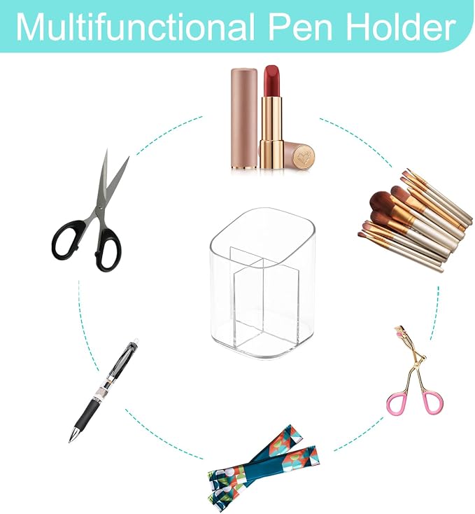 Newkita Acrylic Clear 3 Slots Pencil Pen Holder for Desk, Desktop Makeup Brush Storage Organizer Pen Cup Stand for Office School Home