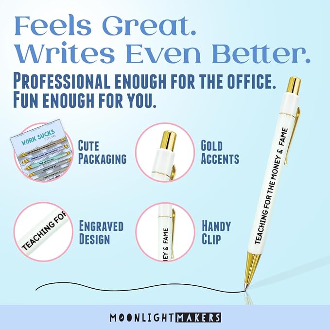 Moonlight Makers Funny Pens — Cute Office Pens for Work, Black Ink Ballpoint with Sayings, Fine Point Journaling Supplies, Snarky Gift Ideas for Coworkers, Friends, Women, Set of 5, Work Sucks