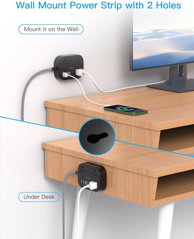 Cruise Essentials 2026,Travel Power Strip with USB C,Flat Plug Extension Cord 10 ft with 3 Outlets 4 USB Ports(2 USB C), Desk Wall Outlet Extender,Non Surge Protector for Cruise,Dorm Room,ETL-Black